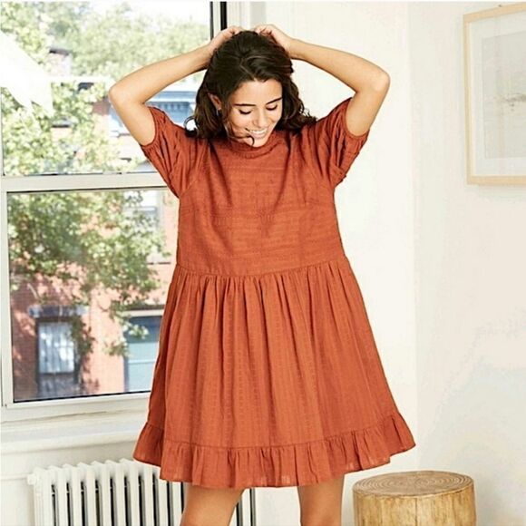 Universal Thread Burnt Orange Puff Sleeve 100% Cotton Embroidered Dress Small - Picture 2 of 10